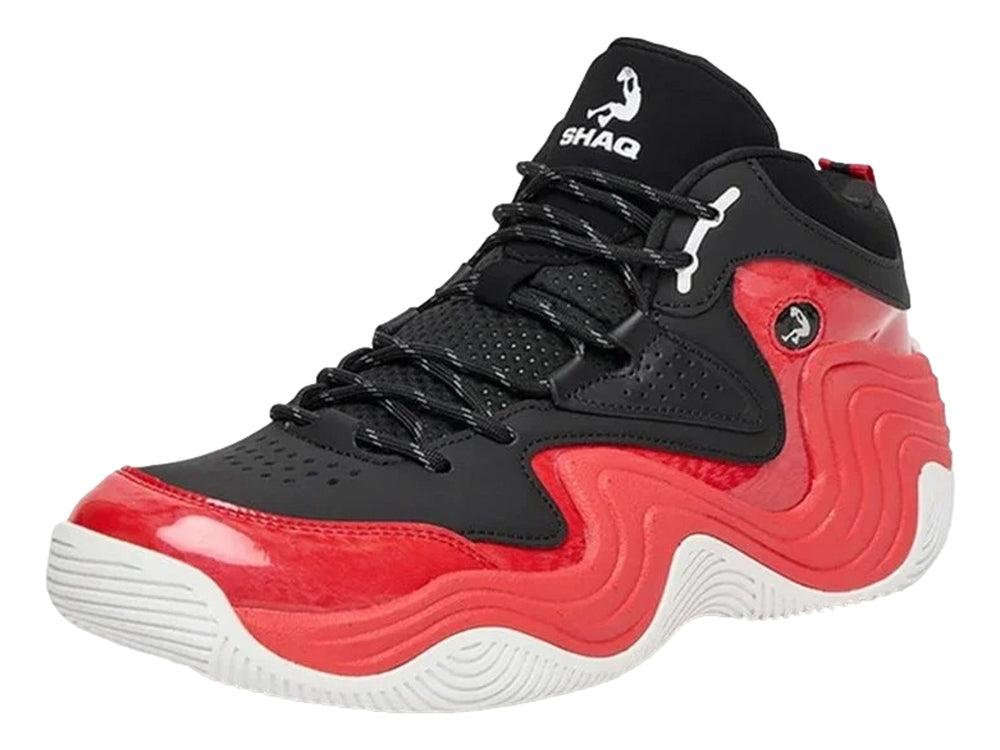 Tenis de baloncesto SHAQ color rojo y negro con suela blanca y diseño ondulado.