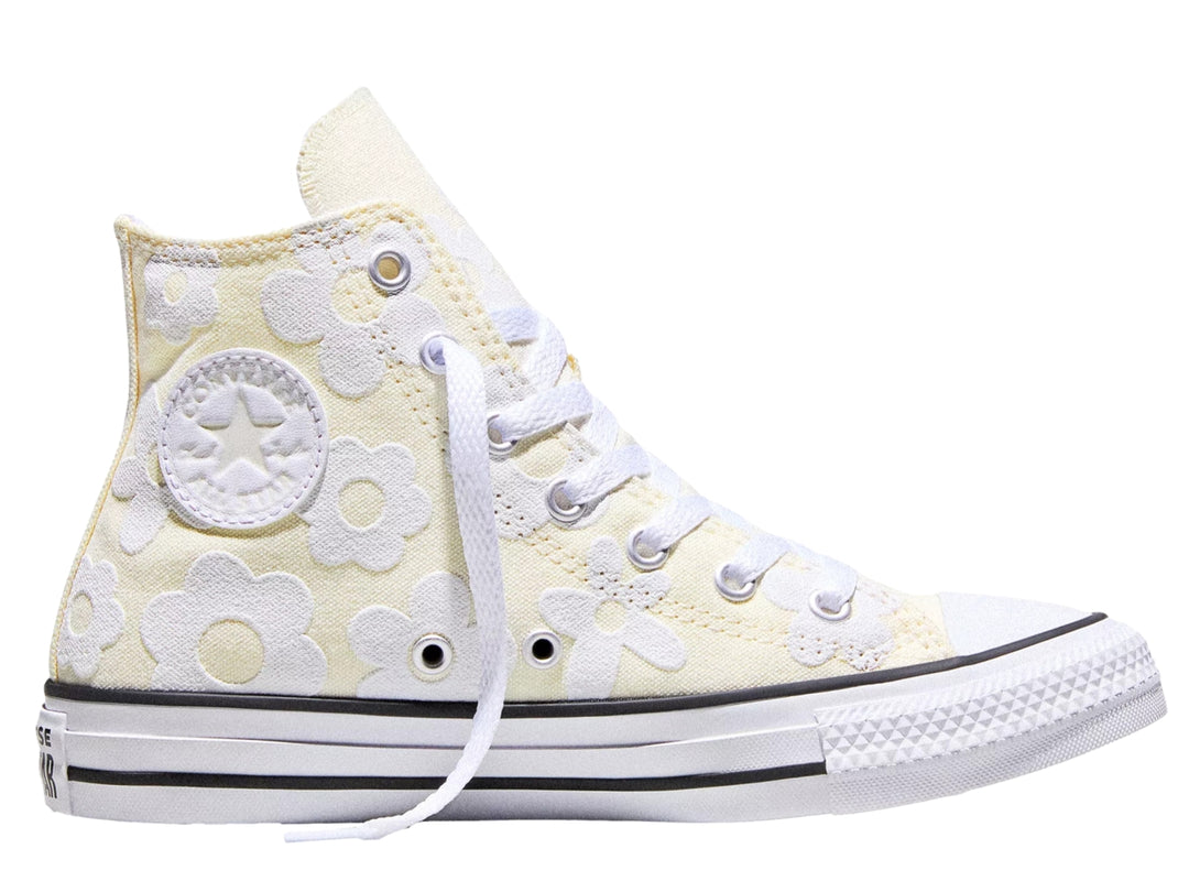 Tenis Converse Chuck Taylor All Star Hi blancos con estampado de flores para niña.