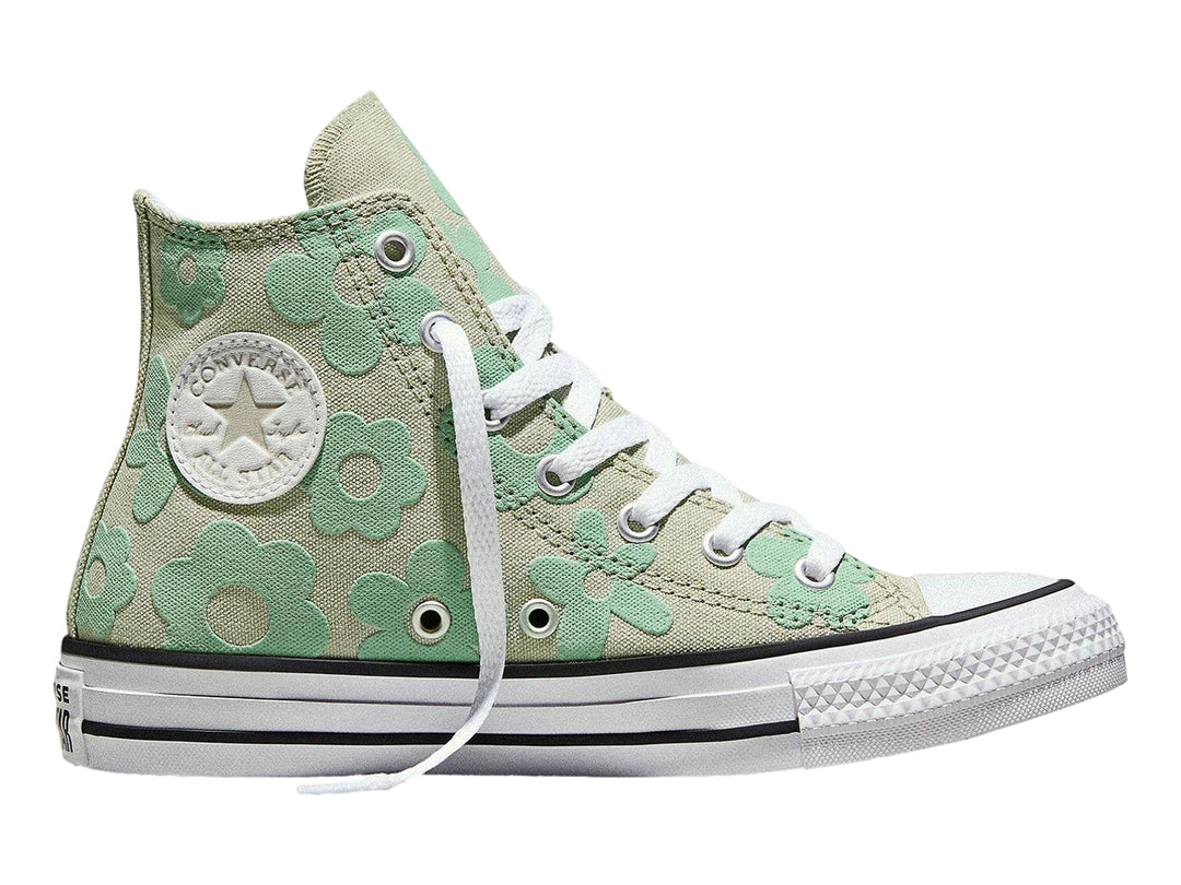 Tenis Converse Chuck Taylor All Star HI color verde con estampado de flores para niña.