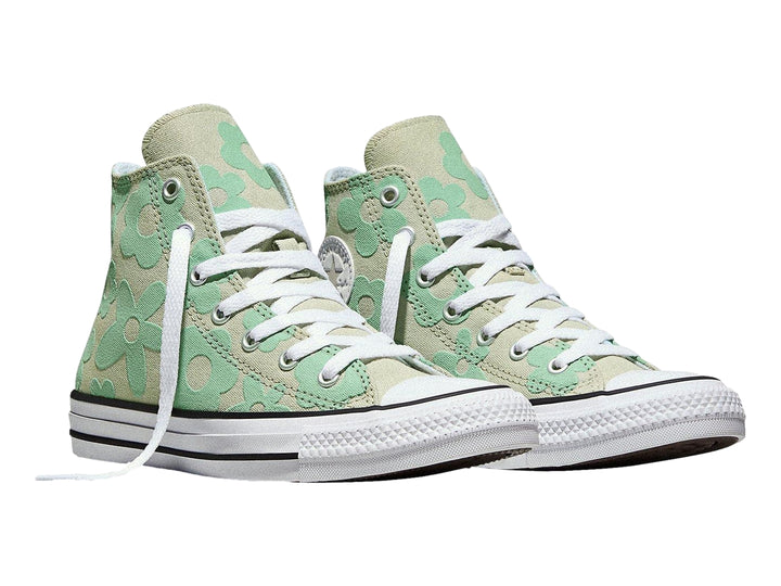 Tenis Converse Chuck Taylor All Star HI color verde con estampado de flores para niña.