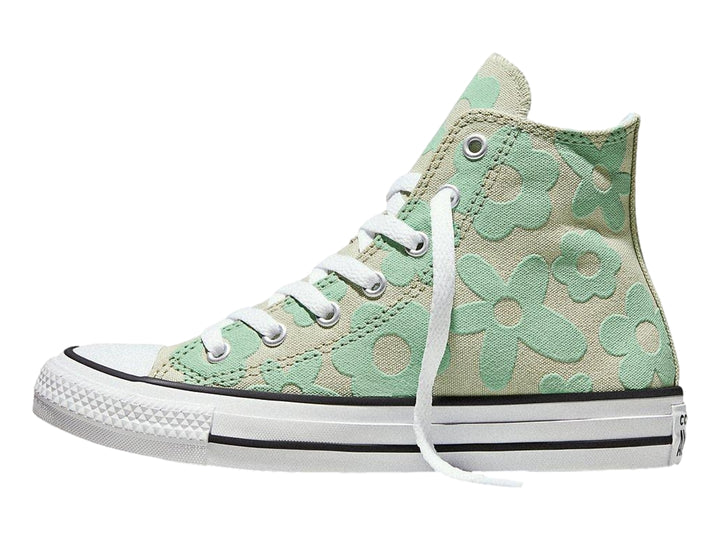 Tenis Converse Chuck Taylor All Star HI color verde con estampado de flores para niña.