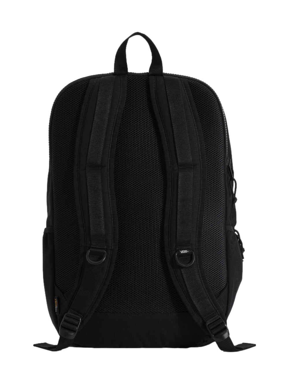 Mochila escolar Vans de color negro con bolsillo frontal de malla y asa superior.