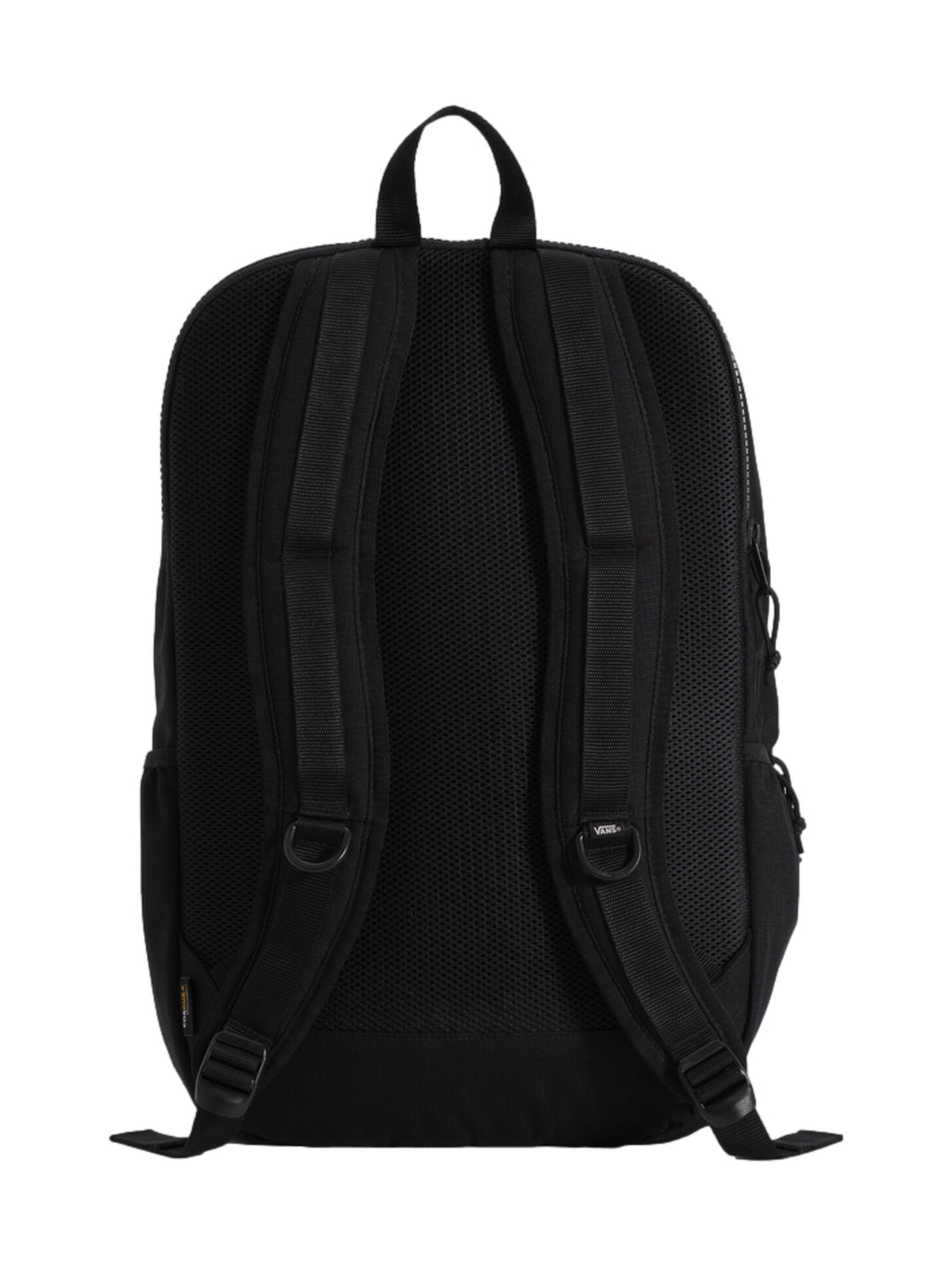 Mochila escolar Vans de color negro con bolsillo frontal de malla y asa superior.