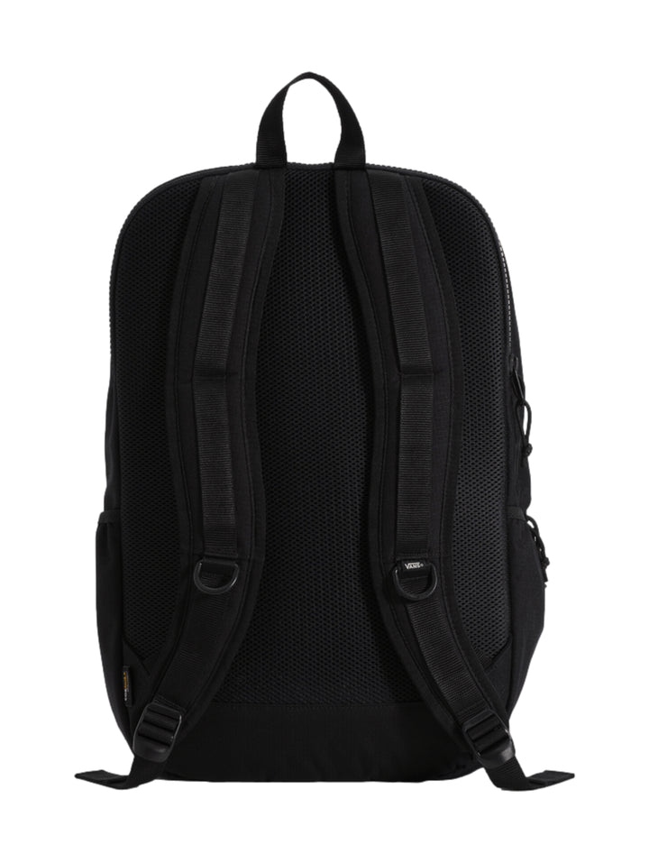 Mochila escolar Vans de color negro con bolsillo frontal de malla y asa superior.