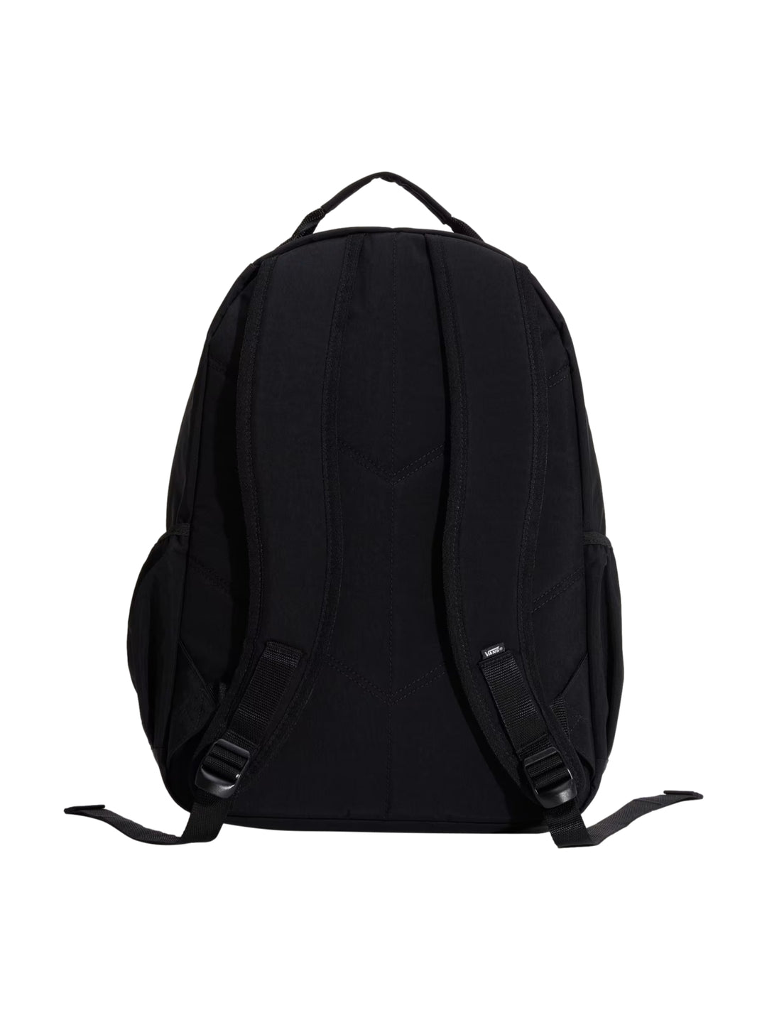 Mochila Vans de color negro con dos bolsillos frontales y asa superior.