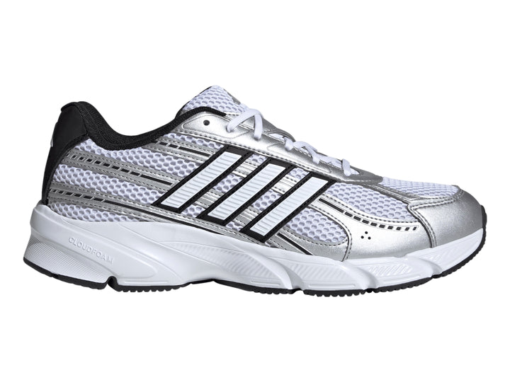 Tenis Adidas Technocaos 2000 color blanco y plata con franjas negras y suela blanca.