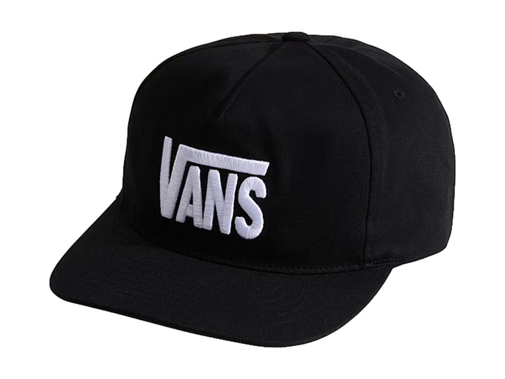 Gorra snapback color negro con logotipo de Vans en blanco en la parte frontal.