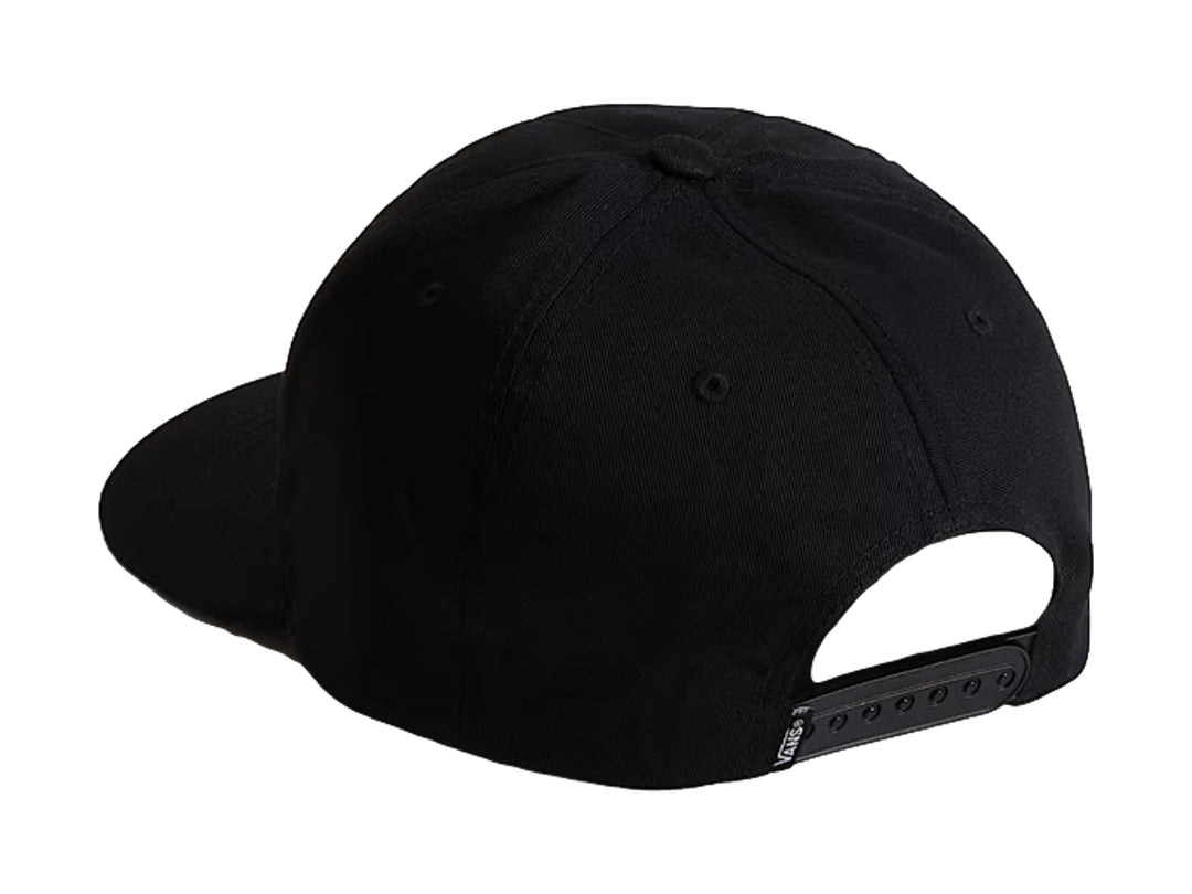 Gorra snapback color negro con logotipo de Vans en blanco en la parte frontal.