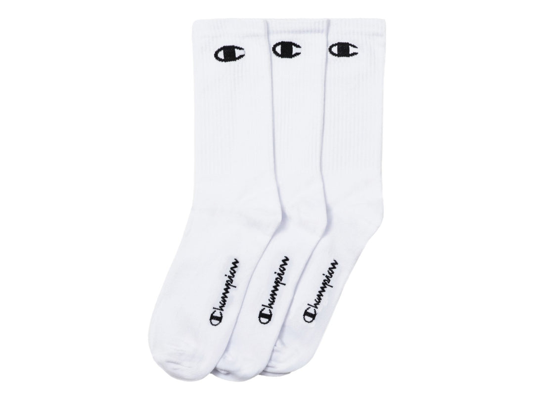 Paquete de 3 pares de calcetines Champion color blanco estilo crew con logotipo negro.