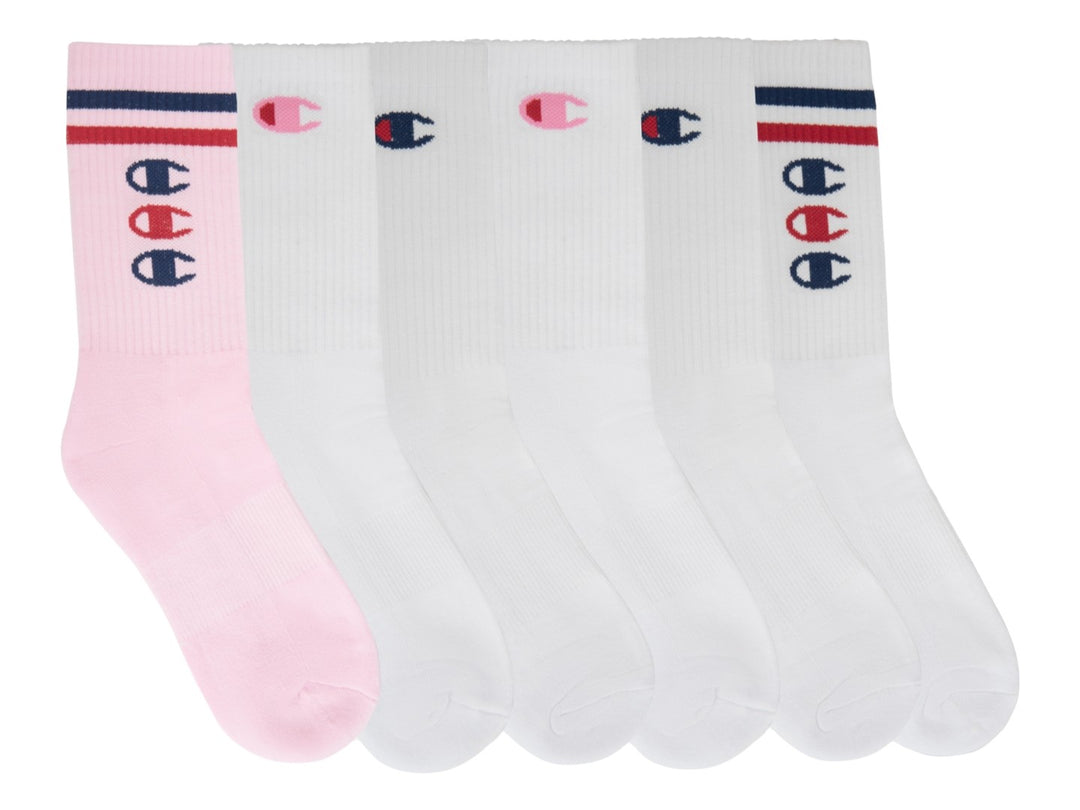Paquete de 6 calcetas Champion estilo crew en colores blanco y rosa con logotipos y rayas decorativas.