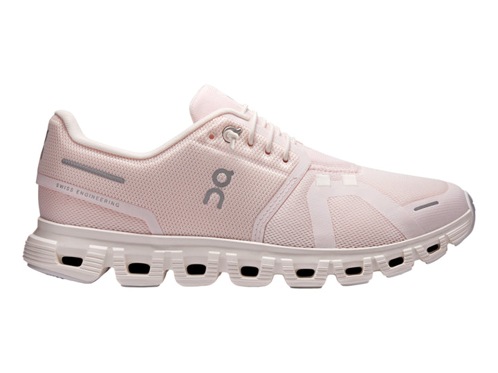 Tenis deportivos On Cloud 6 color rosa claro y blanco para mujer con suela amortiguada.