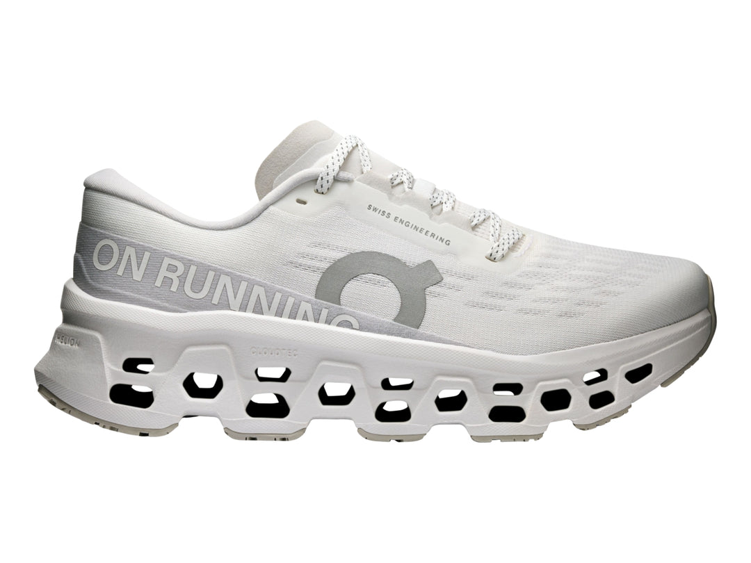 Tenis On Cloud Cloudmonster 3 color blanco para mujer con suela amortiguada.