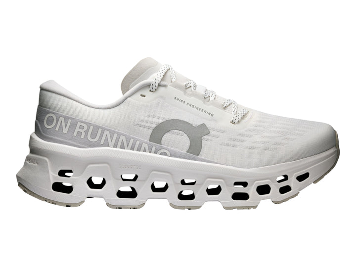 Tenis On Cloud Cloudmonster 3 color blanco para mujer con suela amortiguada.