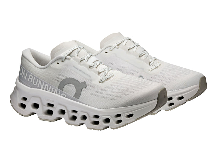 Tenis On Cloud Cloudmonster 3 color blanco para mujer con suela amortiguada.