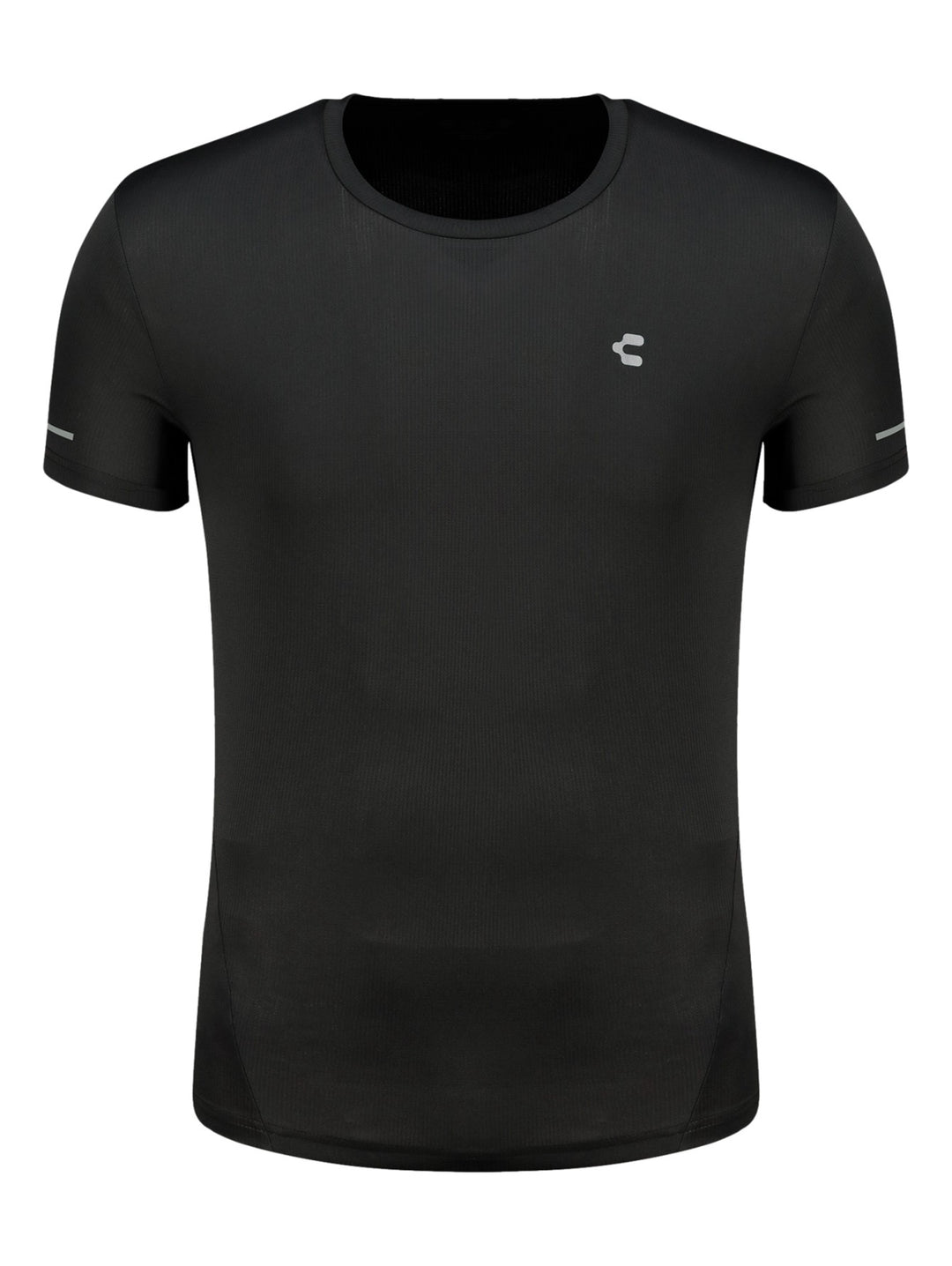 Playera deportiva Charly de color negro con cuello redondo y mangas cortas.