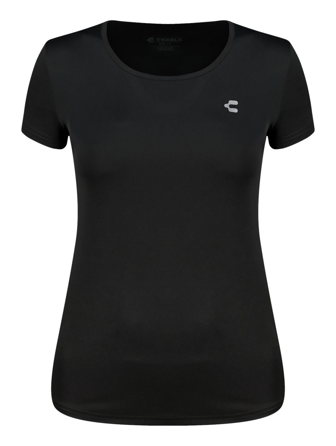 Playera deportiva Charly color negro para mujer con manga corta y cuello redondo.