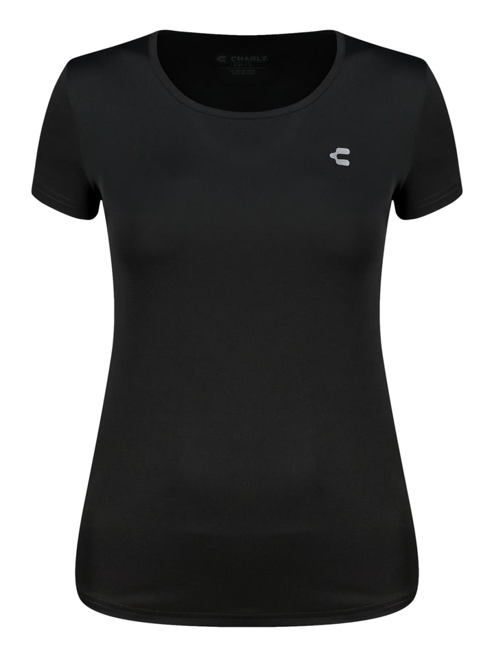 Playera deportiva Charly color negro para mujer con manga corta y cuello redondo.