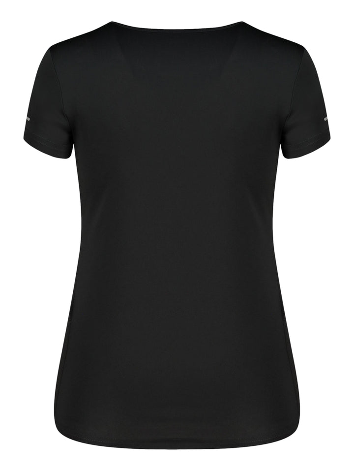 Playera deportiva Charly color negro para mujer con manga corta y cuello redondo.