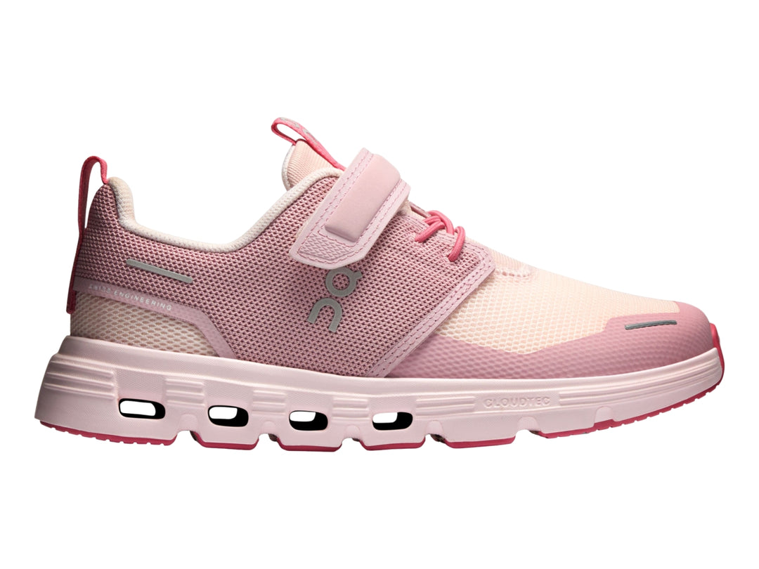 Tenis deportivos On Cloud Play 2 para niña en color rosa con cierre de velcro y suela blanca.
