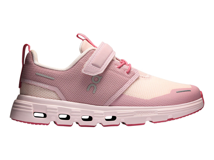 Tenis deportivos On Cloud Play 2 para niña en color rosa con cierre de velcro y suela blanca.