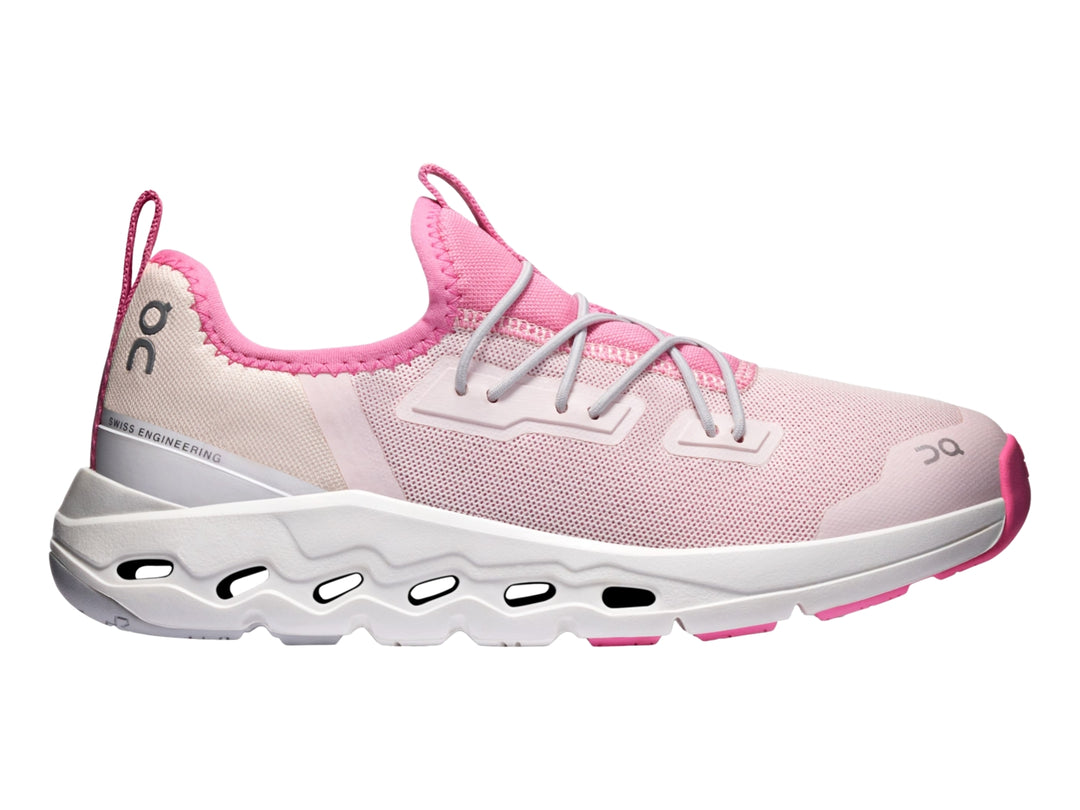 Tenis deportivos On Cloud Cloudleap para niña en color rosa y blanco con suela blanca.