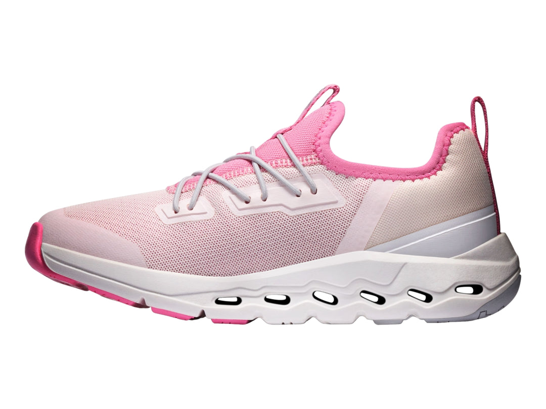 Tenis deportivos On Cloud Cloudleap para niña en color rosa y blanco con suela blanca.