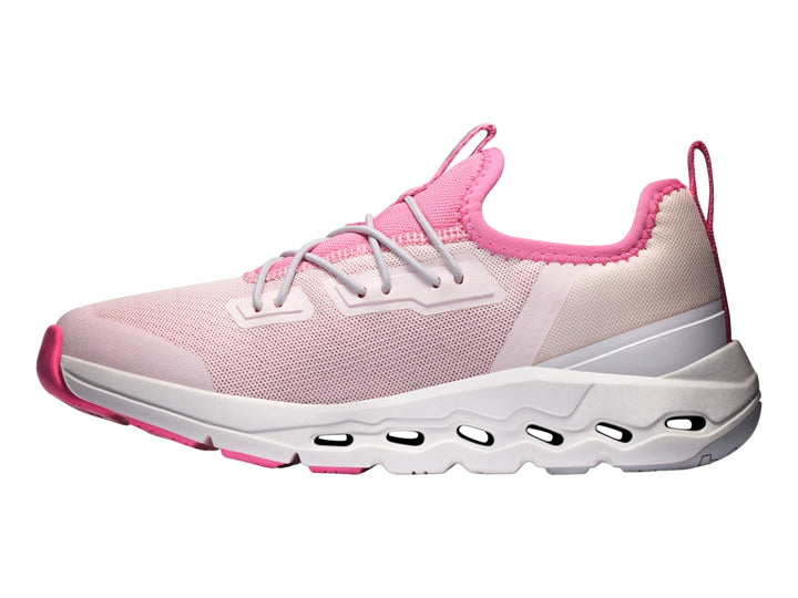 Tenis deportivos On Cloud Cloudleap para niña en color rosa y blanco con suela blanca.