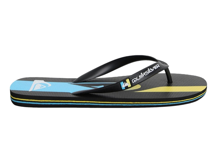 Sandalia de dedo Quiksilver color negro con franjas decorativas en azul y amarillo.