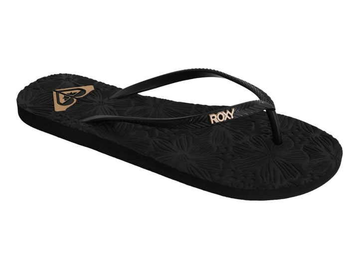 Sandalia Roxy Antilles III color negro con relieve floral en la suela y detalles dorados.