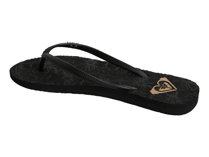 Sandalia Roxy Antilles III color negro con relieve floral en la suela y detalles dorados.