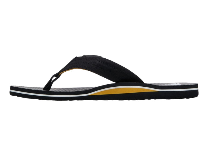 Sandalia Quiksilver Molokai Layback color negro con detalles en amarillo y una línea blanca en la suela.