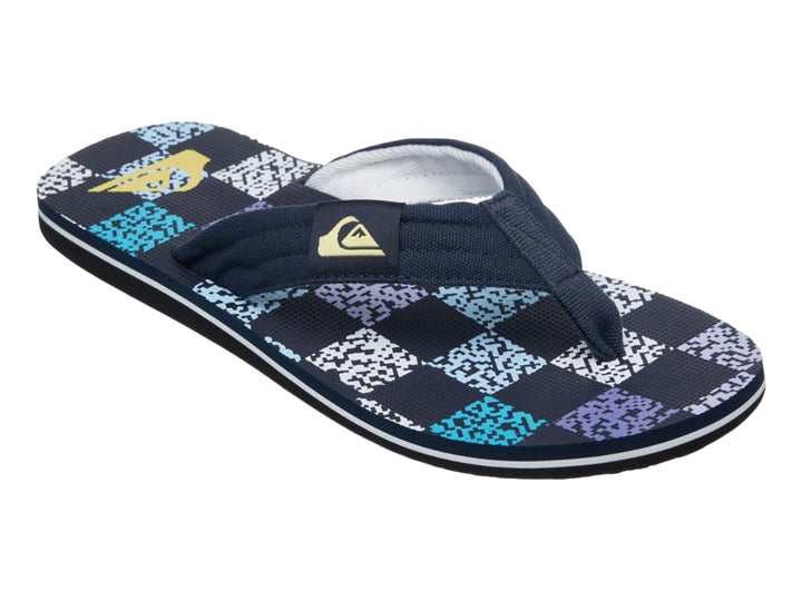 Sandalia Quiksilver Molokai Layback 26 color azul marino con plantilla estampada y suela negra.