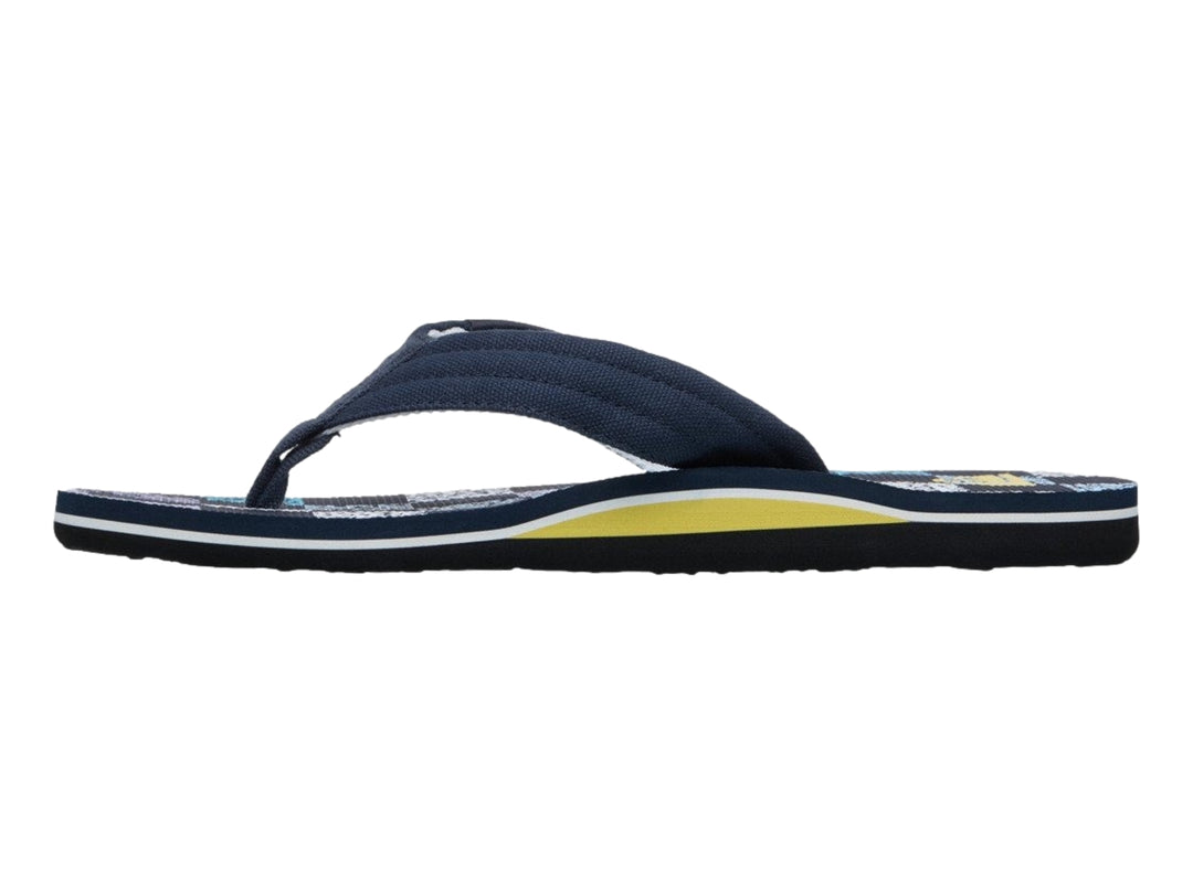 Sandalia Quiksilver Molokai Layback 26 color azul marino con plantilla estampada y suela negra.