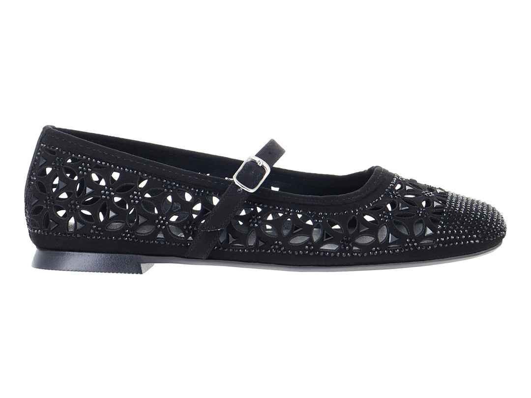 Zapato plano negro de marca ROZE con detalles calados, pedrería brillante y correa con hebilla metálica.
