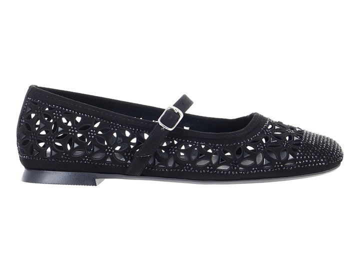 Zapato plano negro de marca ROZE con detalles calados, pedrería brillante y correa con hebilla metálica.