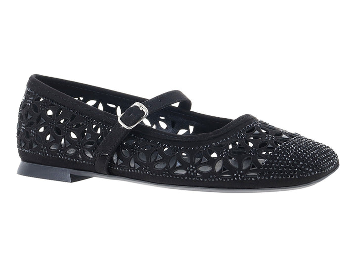 Zapato plano negro de marca ROZE con detalles calados, pedrería brillante y correa con hebilla metálica.