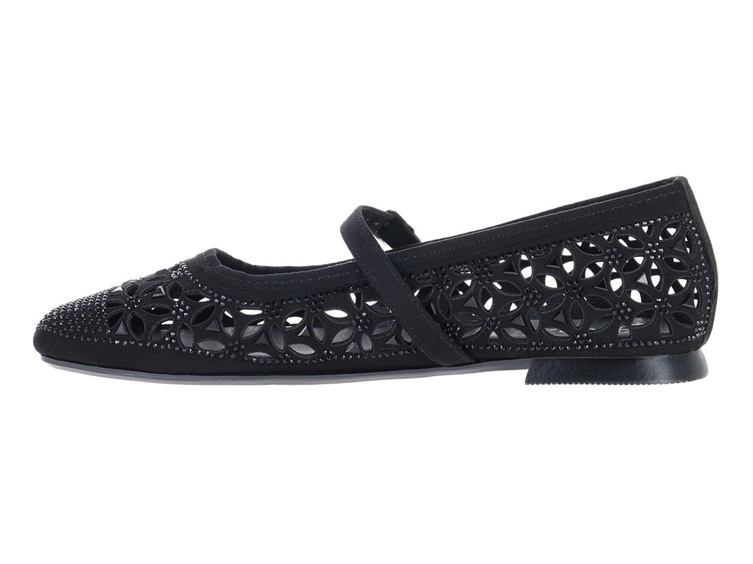 Zapato plano negro de marca ROZE con detalles calados, pedrería brillante y correa con hebilla metálica.