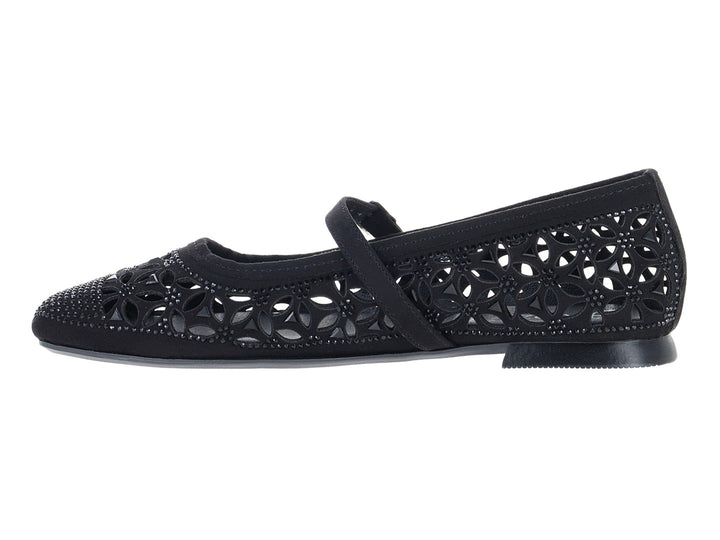 Zapato plano negro de marca ROZE con detalles calados, pedrería brillante y correa con hebilla metálica.