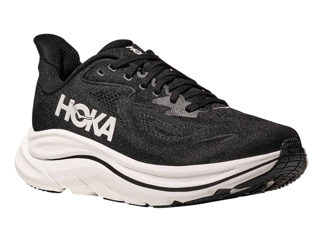Tenis Hoka Clifton 10 para mujer en color negro con suela blanca y logotipo blanco lateral.