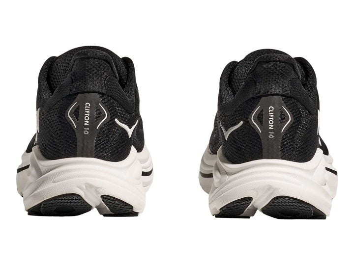 Tenis Hoka Clifton 10 para mujer en color negro con suela blanca y logotipo blanco lateral.