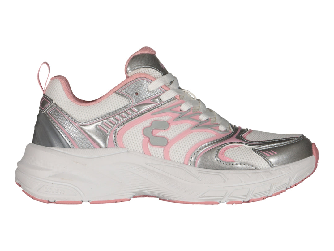 Tenis deportivos Charly blancos con detalles en plata y rosa y suela gruesa.