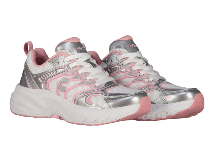 Tenis deportivos Charly blancos con detalles en plata y rosa y suela gruesa.