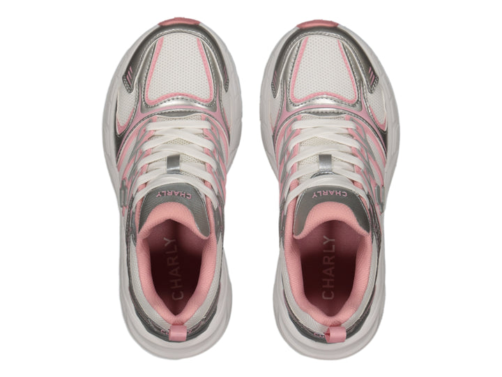 Tenis deportivos Charly blancos con detalles en plata y rosa y suela gruesa.