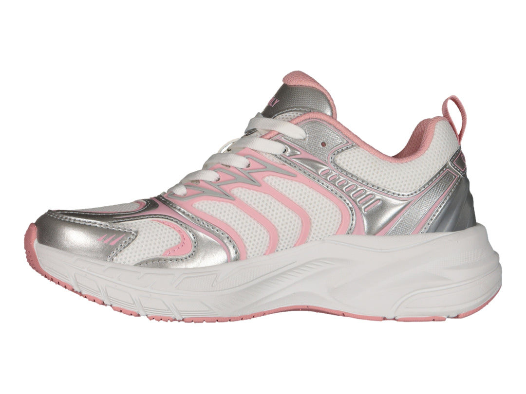 Tenis deportivos Charly blancos con detalles en plata y rosa y suela gruesa.