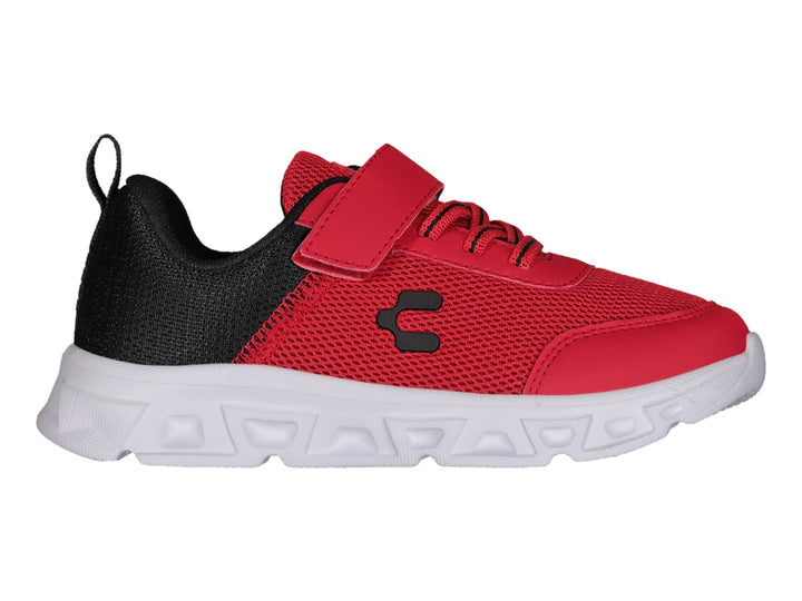 Tenis deportivos Charly color rojo con detalles en negro y suela blanca, cierre de velcro.