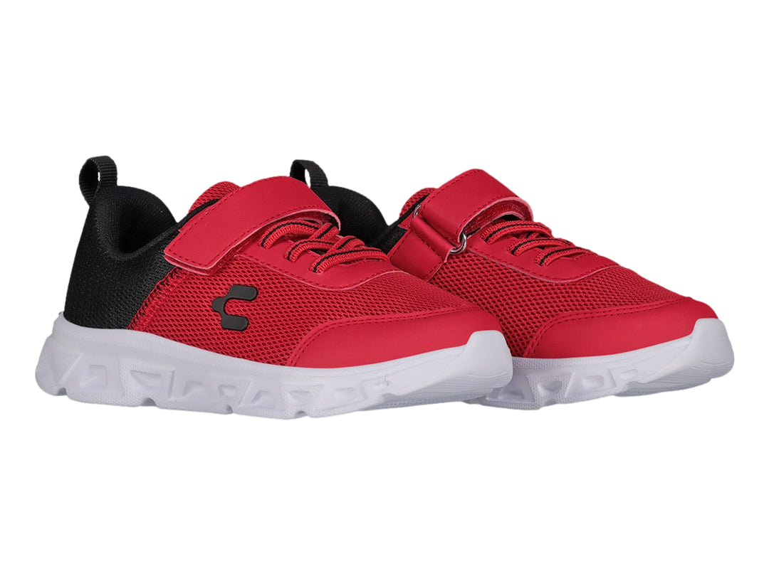 Tenis deportivos Charly color rojo con detalles en negro y suela blanca, cierre de velcro.