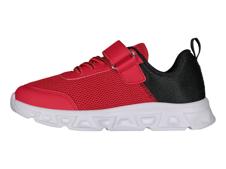 Tenis deportivos Charly color rojo con detalles en negro y suela blanca, cierre de velcro.