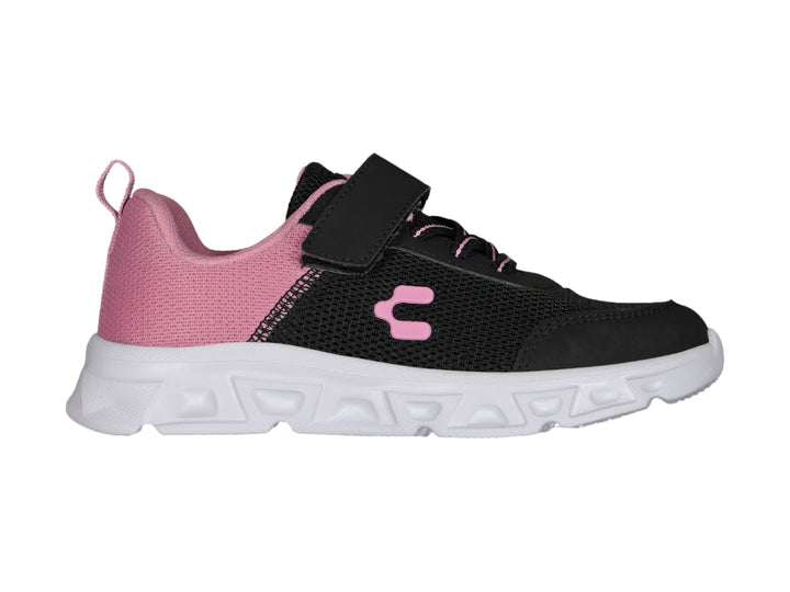 Tenis deportivos Charly color negro y rosa con suela blanca y correa de velcro.