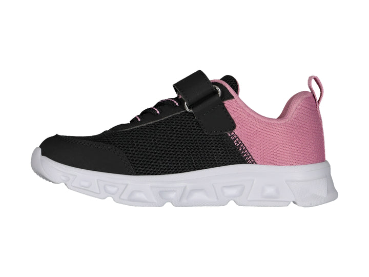 Tenis deportivos Charly color negro y rosa con suela blanca y correa de velcro.