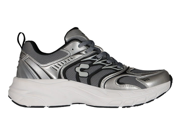 Tenis deportivos Charly color plata y gris con suela blanca y detalles en negro.